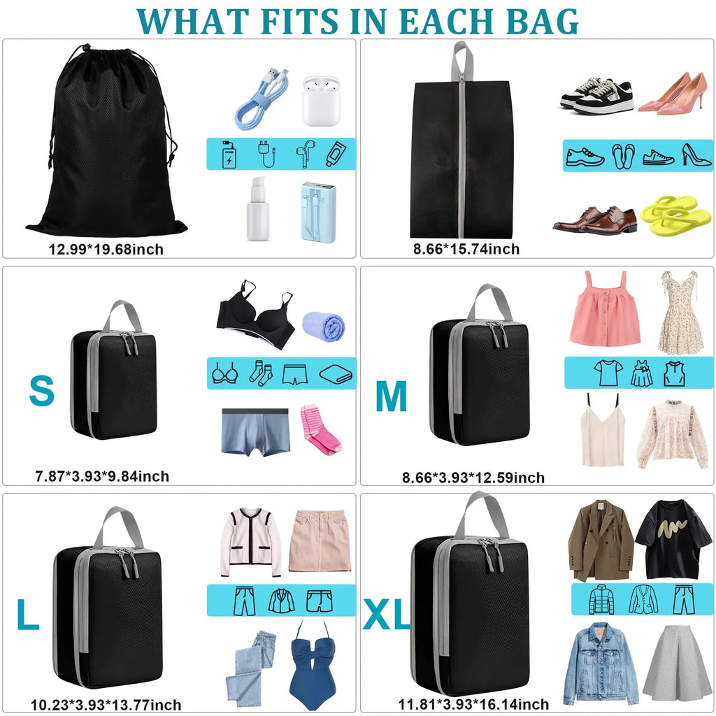 Compressible Travel Packing Cubes Set - Waterproof Luggage Organizers