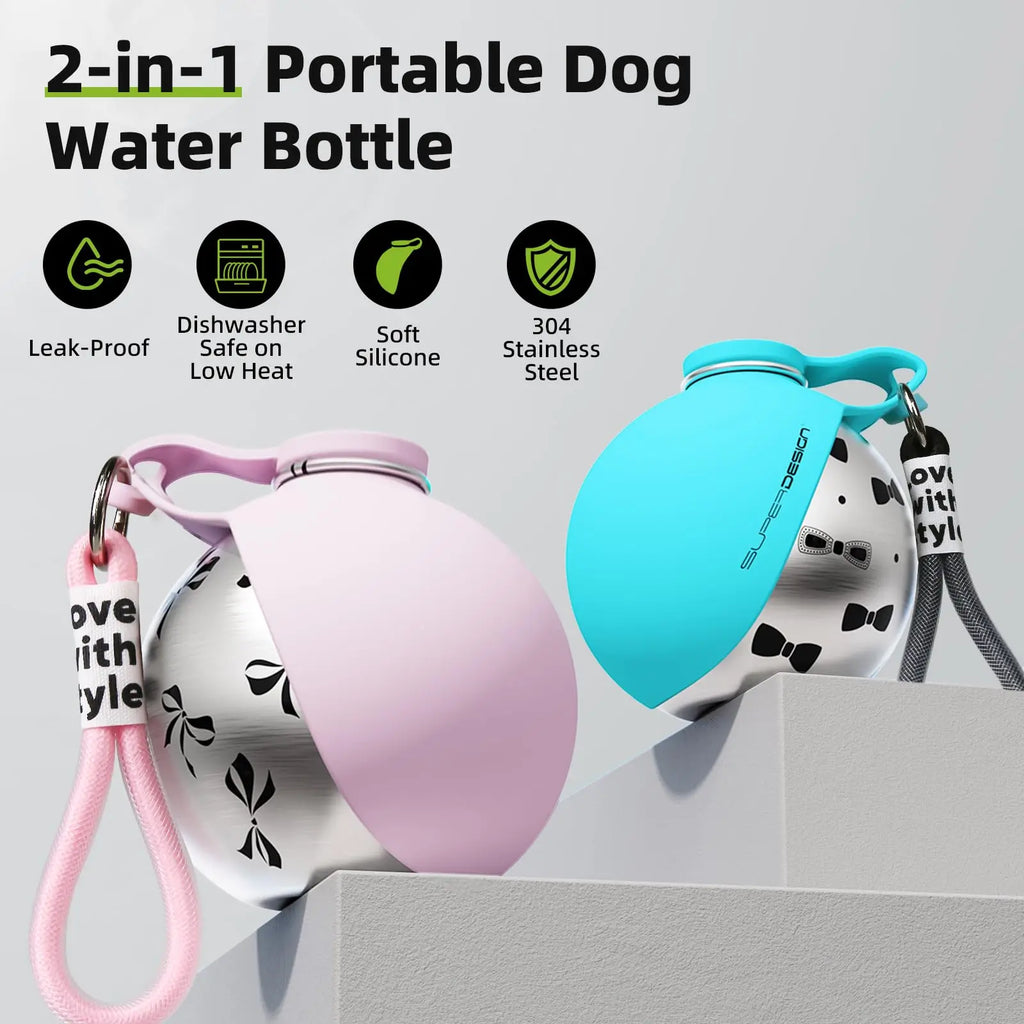 Portable Dog Water Bottle for Small Dogs - 2-in-1 Leak-Proof Travel Feeder