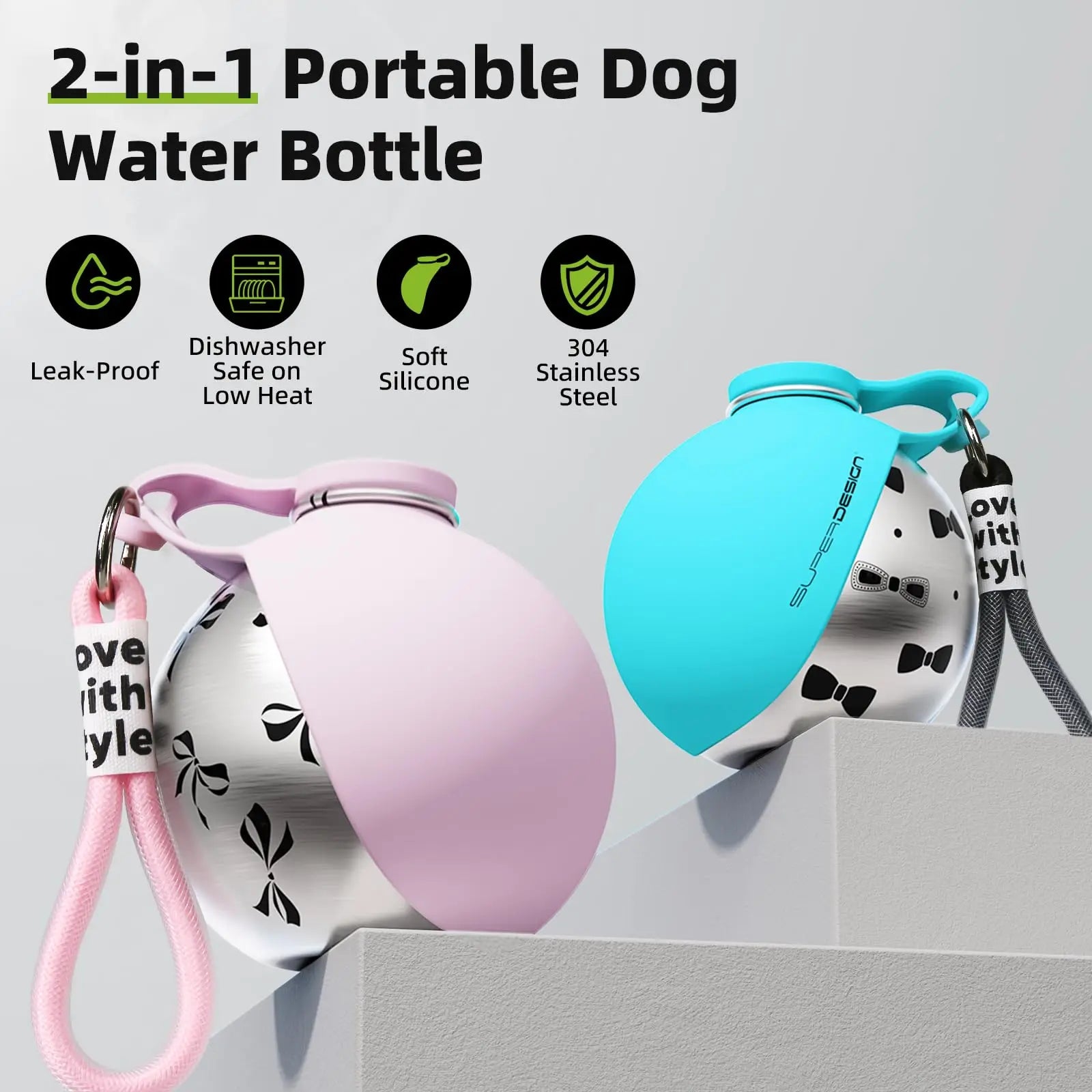 Portable Dog Water Bottle for Small Dogs - 2-in-1 Leak-Proof Travel Feeder