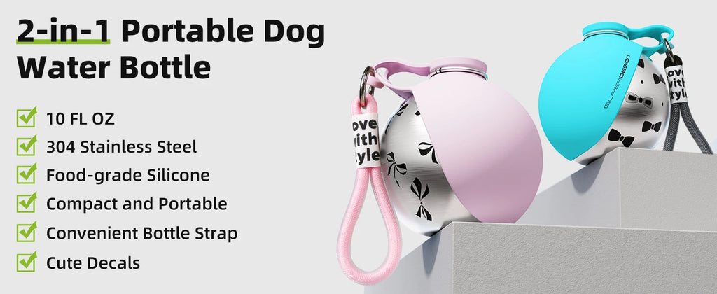 Portable Dog Water Bottle for Small Dogs - 2-in-1 Leak-Proof Travel Feeder
