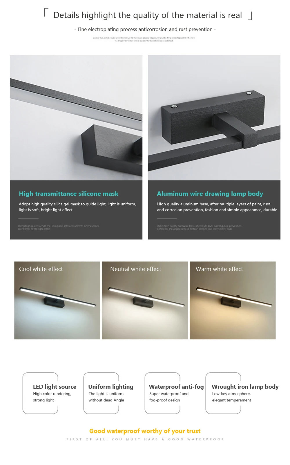Vabena Modern LED Bathroom Wall Light - Three Color Aluminum Mirror Lamp