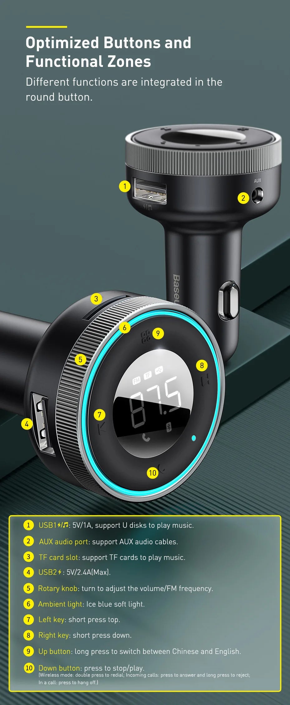 Baseus Bluetooth 5.0 FM Transmitter & Car Charger | Wireless Audio Hands-Free