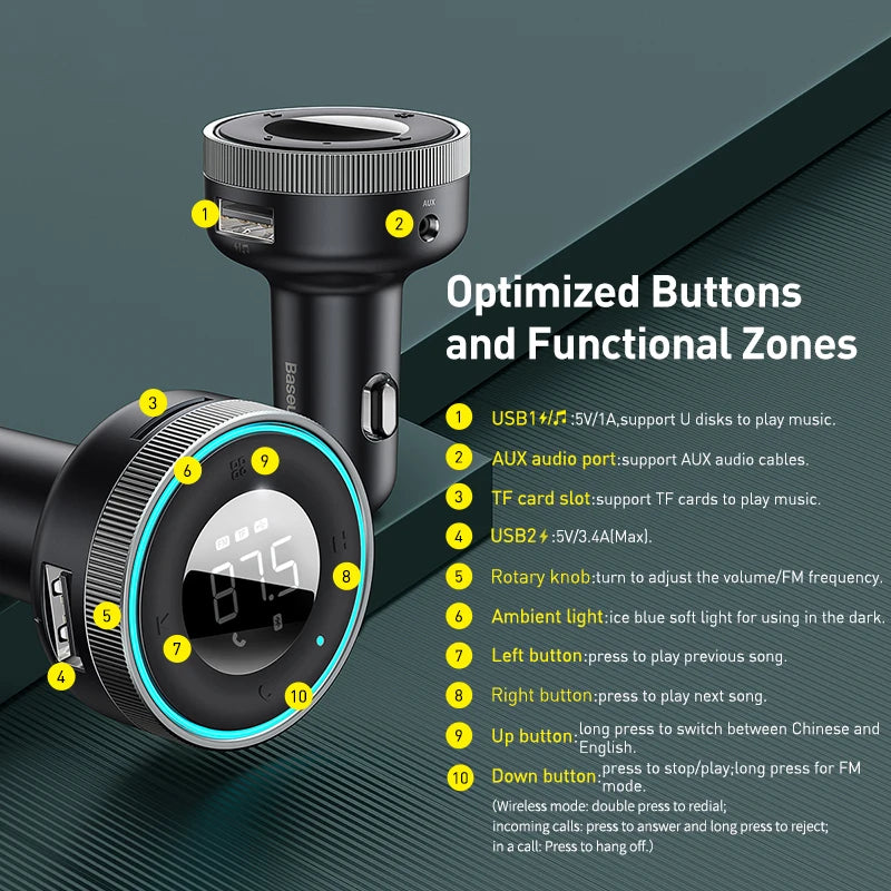 Baseus Bluetooth 5.0 FM Transmitter & Car Charger | Wireless Audio Hands-Free