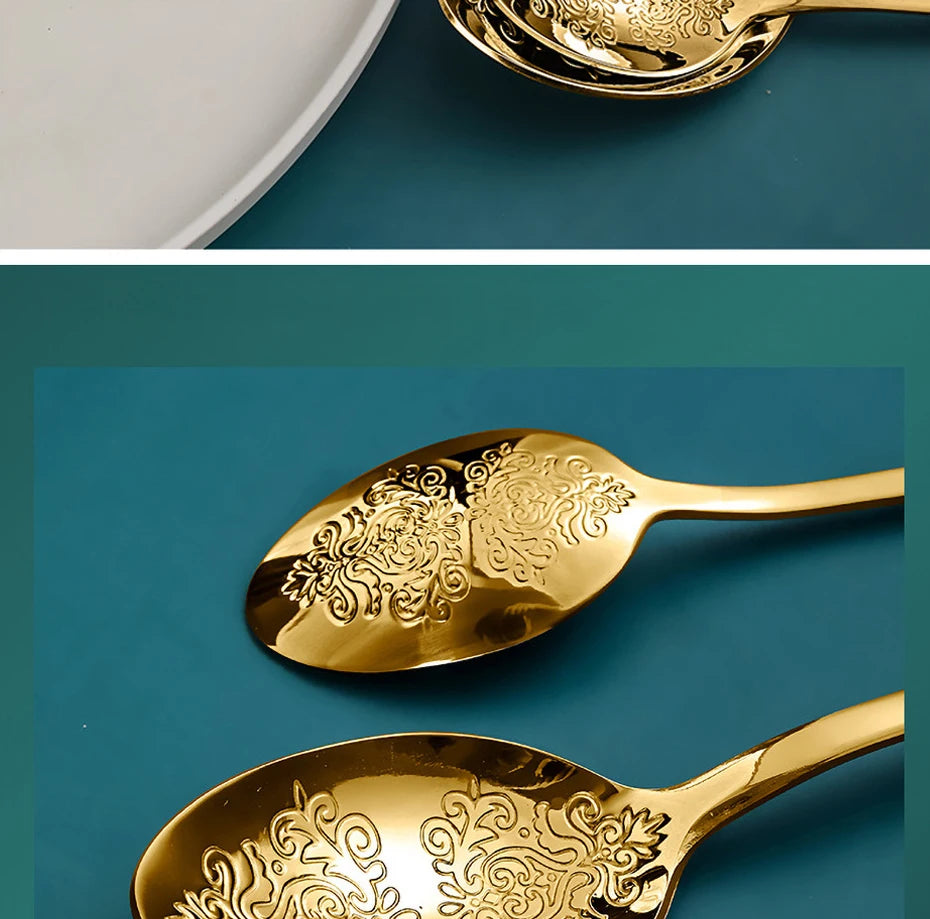Luxury Gold Silverware Set | Vintage Carved Stainless Steel Cutlery 16/24Pcs