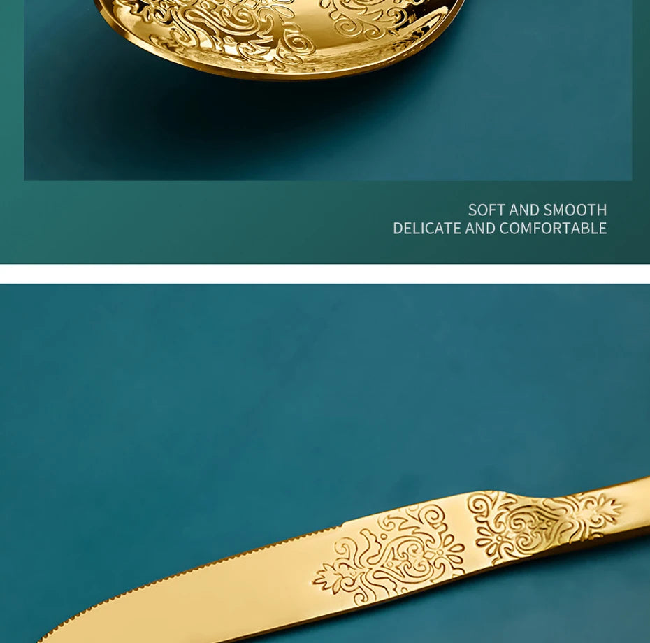 Luxury Gold Silverware Set | Vintage Carved Stainless Steel Cutlery 16/24Pcs