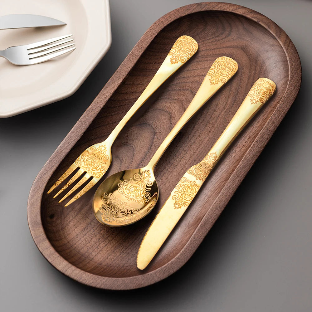 Luxury Gold Silverware Set | Vintage Carved Stainless Steel Cutlery 16/24Pcs
