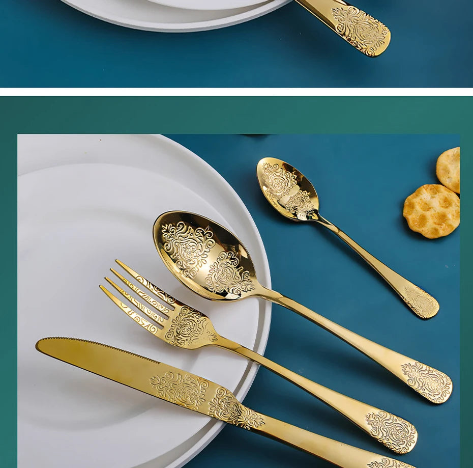Luxury Gold Silverware Set | Vintage Carved Stainless Steel Cutlery 16/24Pcs