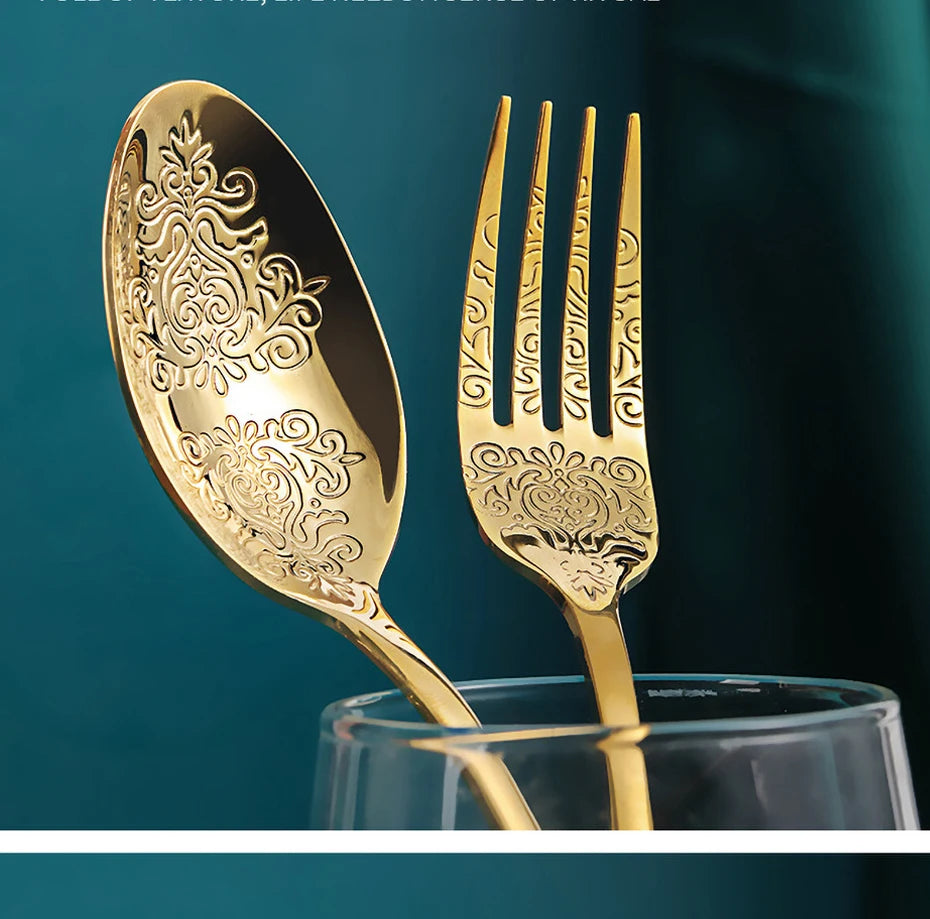 Luxury Gold Silverware Set | Vintage Carved Stainless Steel Cutlery 16/24Pcs