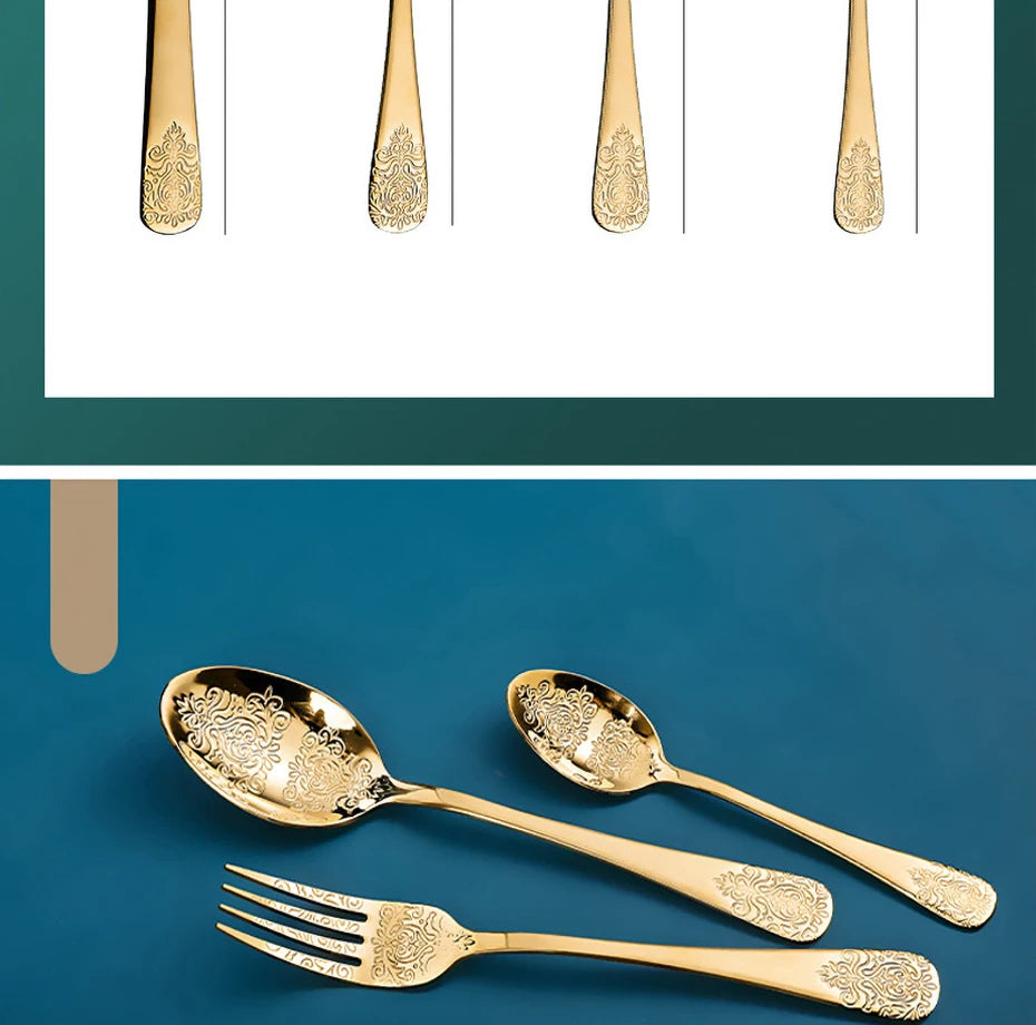 Luxury Gold Silverware Set | Vintage Carved Stainless Steel Cutlery 16/24Pcs