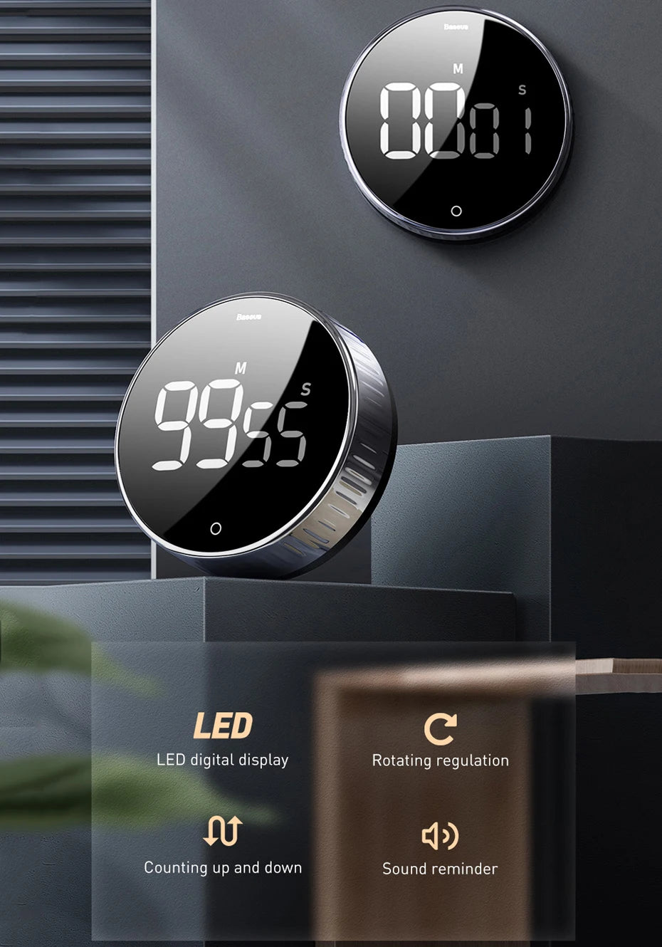 Baseus Magnetic Digital Kitchen Timer - Countdown Alarm & Stopwatch