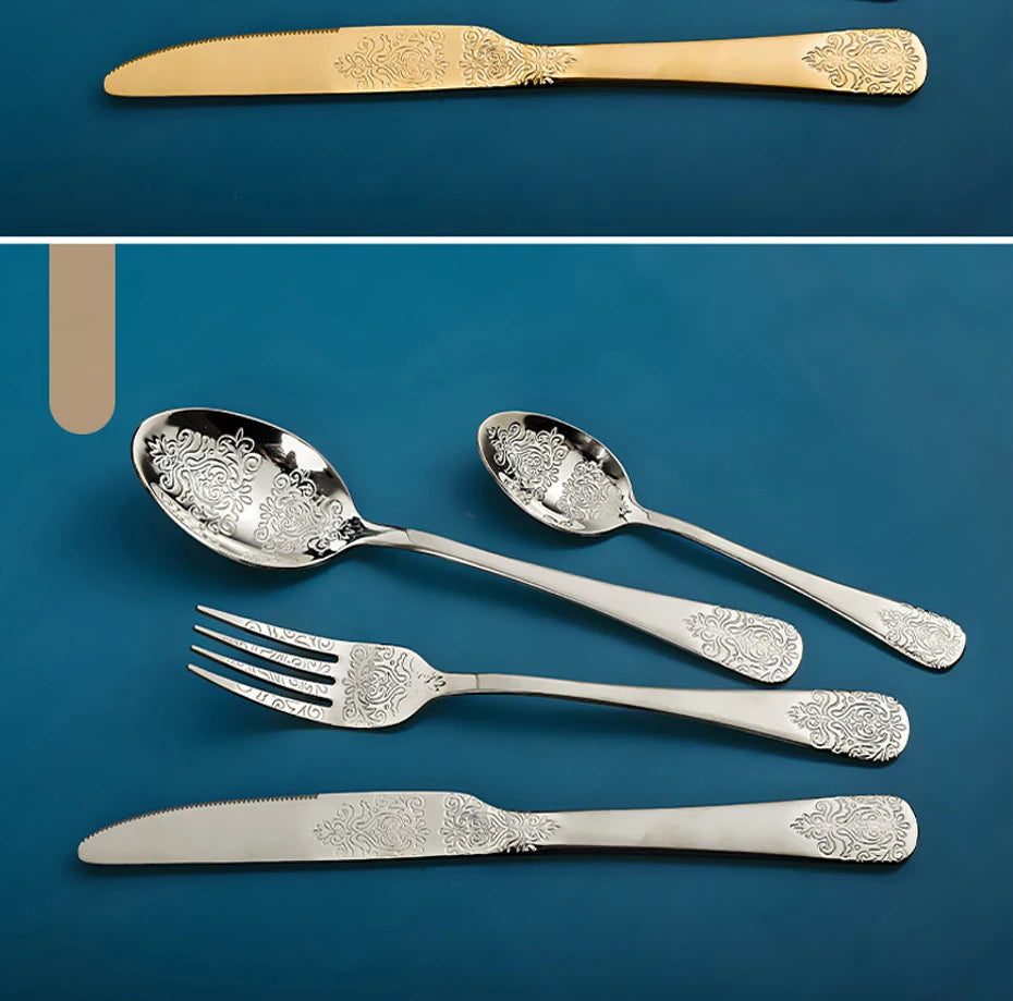 Luxury Gold Silverware Set | Vintage Carved Stainless Steel Cutlery 16/24Pcs