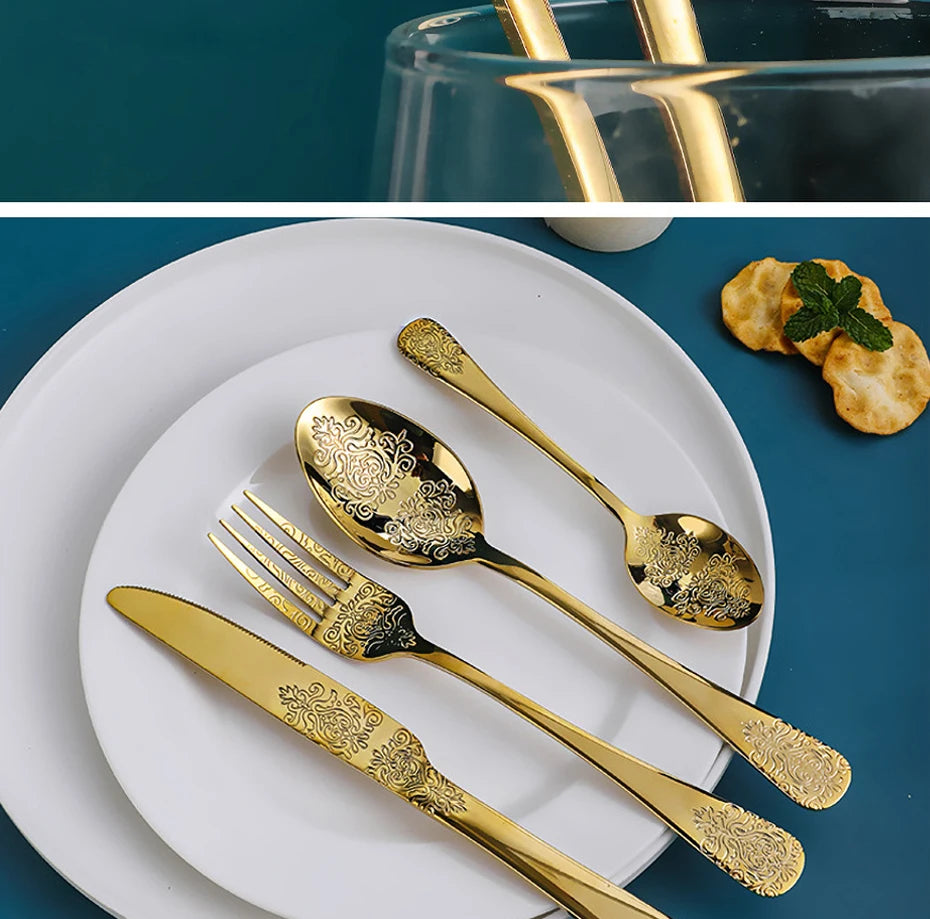 Luxury Gold Silverware Set | Vintage Carved Stainless Steel Cutlery 16/24Pcs