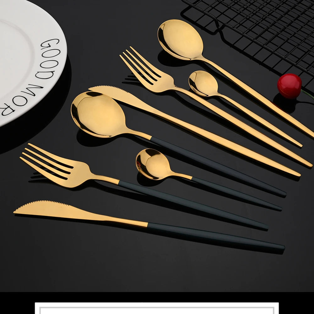 Vabena 30-Piece Black Gold Stainless Steel Dinnerware Set