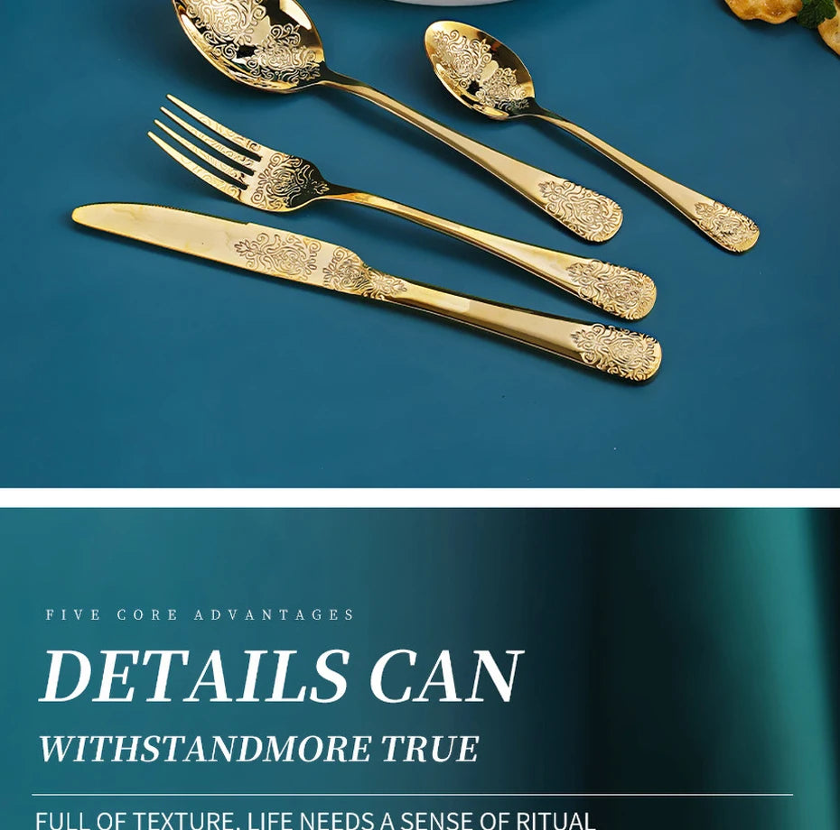 Luxury Gold Silverware Set | Vintage Carved Stainless Steel Cutlery 16/24Pcs