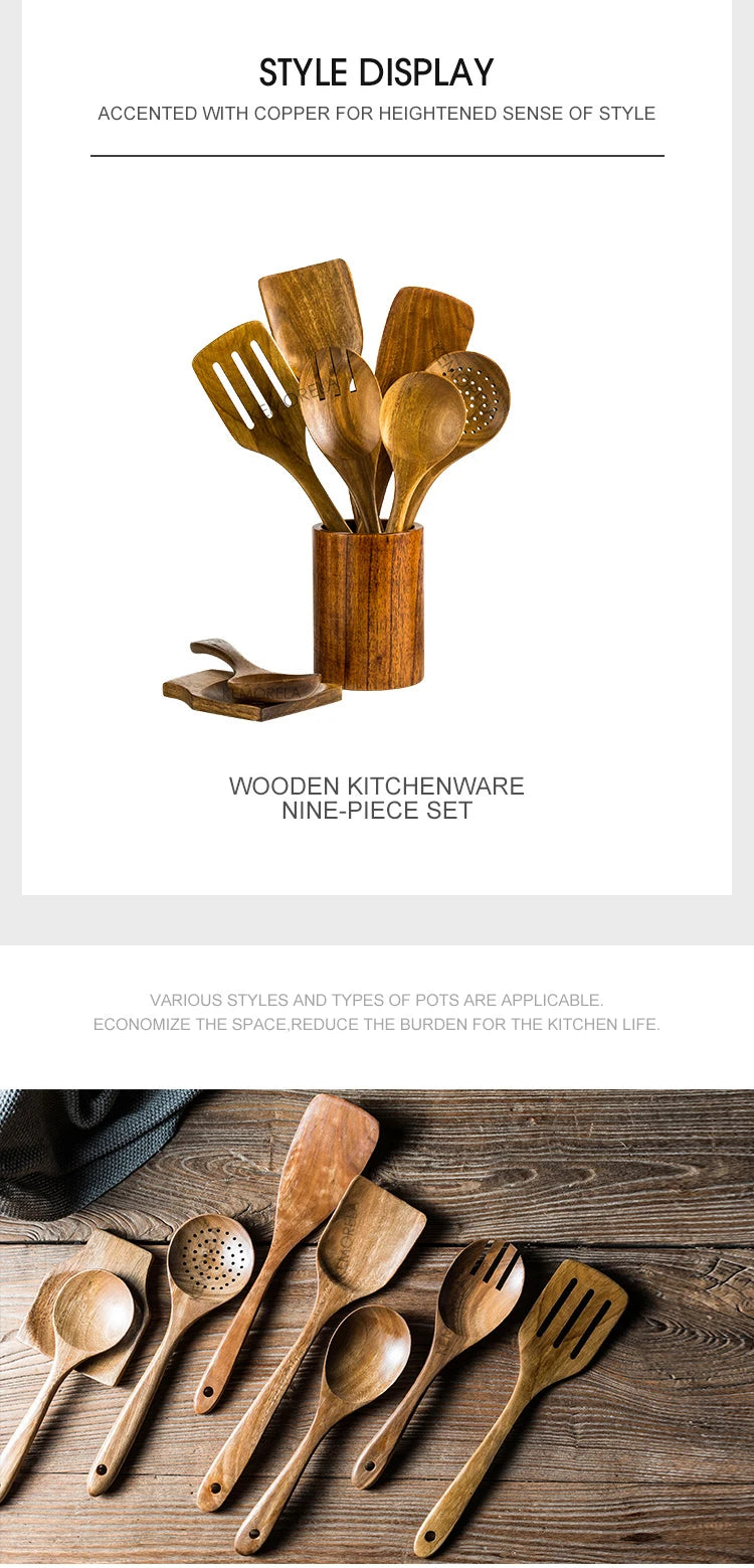 9-Piece Teak Wooden Cooking Utensil Set with Holder