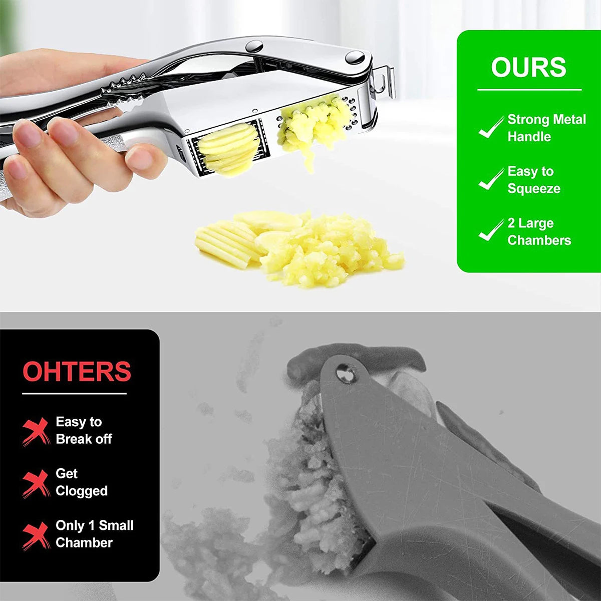Stainless Steel 2-in-1 Garlic Press & Slicer Mincer | Dual Function Kitchen Tool