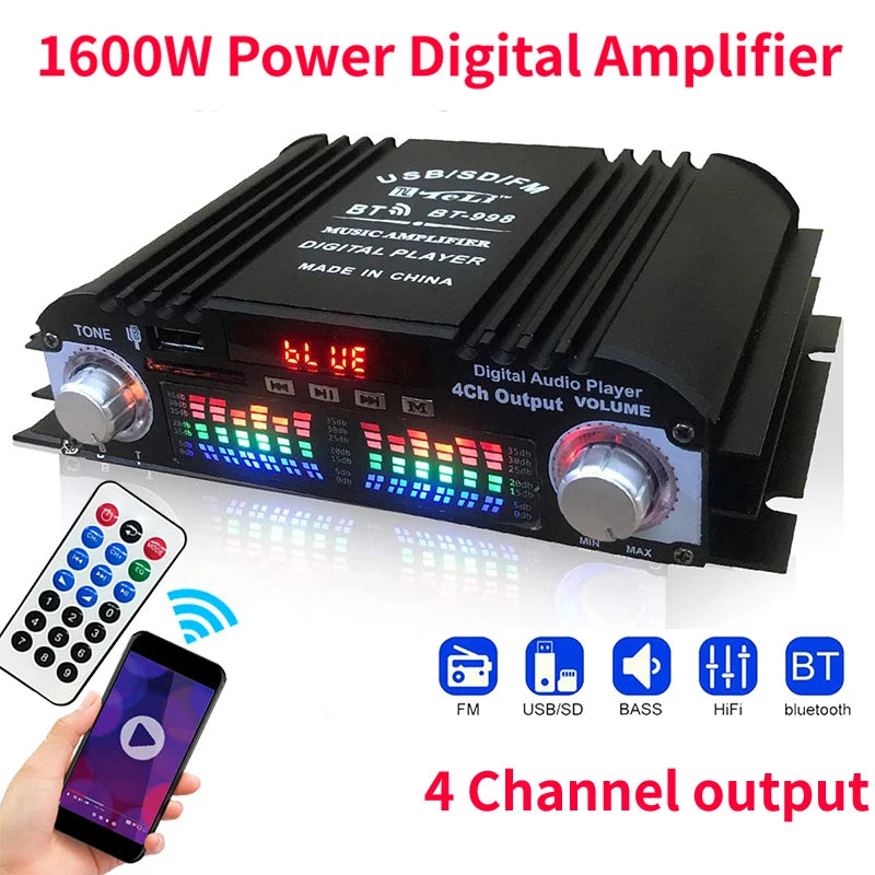 1600W Peak HiFi Amplifier | 4-Ch Digital Audio | Bluetooth Karaoke FM Remote