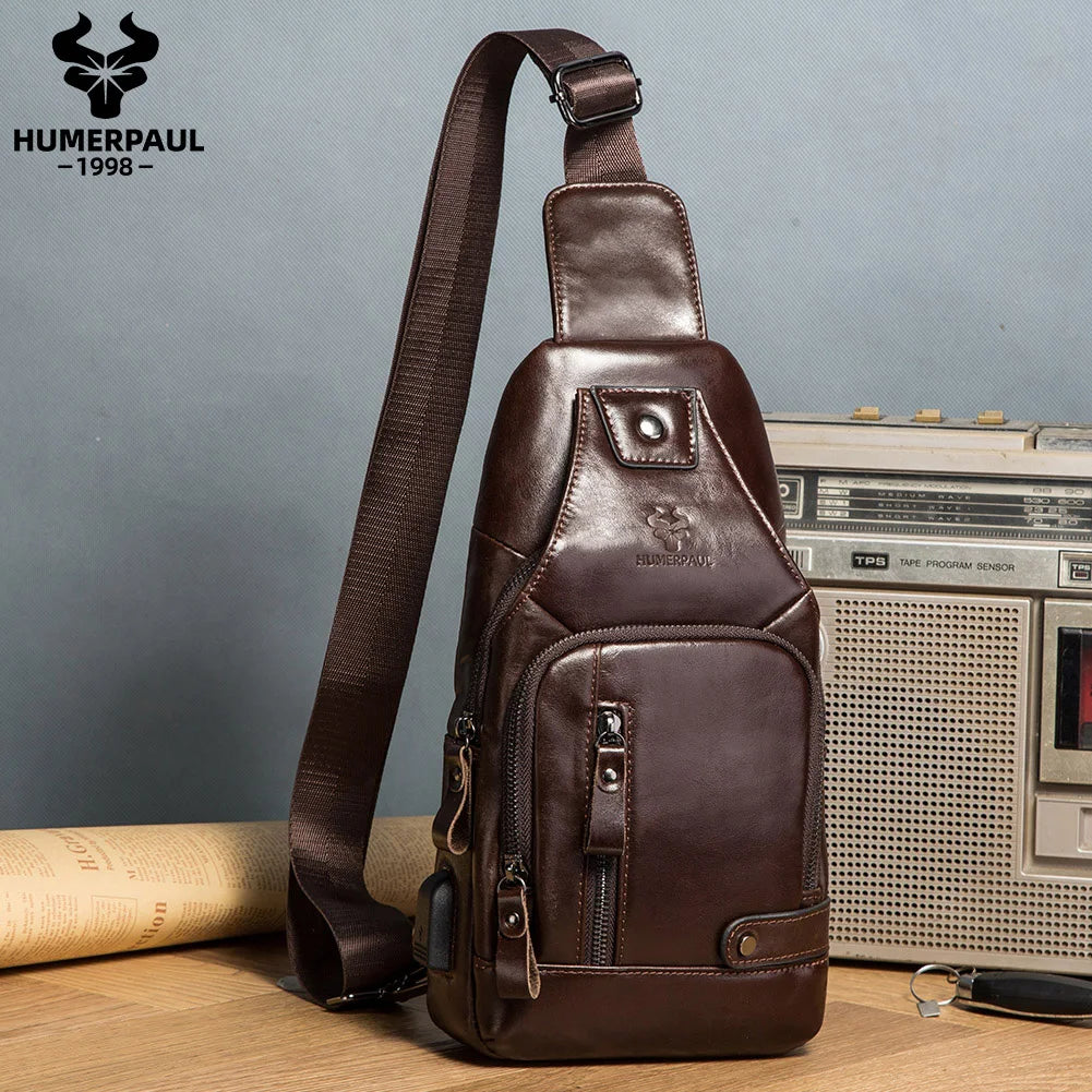 HUMERPAUL Men's Genuine Leather USB Crossbody Chest Bag - Travel & Fashion