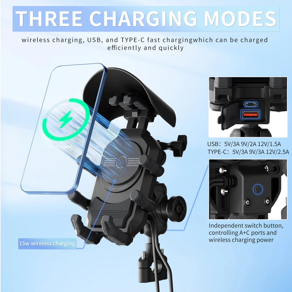 Motorcycle Phone Holder & Fast Charger - Wireless, USB, Type C | Shockproof Bike Mount