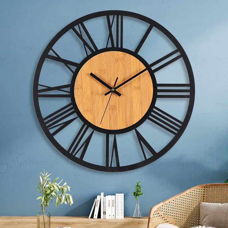 Nordic Retro 3D Large Wall Clock - Silent Roman Numerals Wood Metal Iron Decor