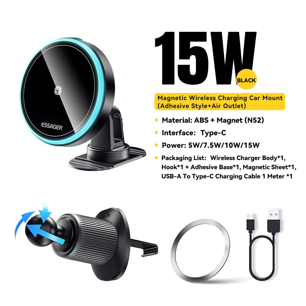 Essager 15W Magnetic Car Charger Mount - Fast Wireless Phone Holder