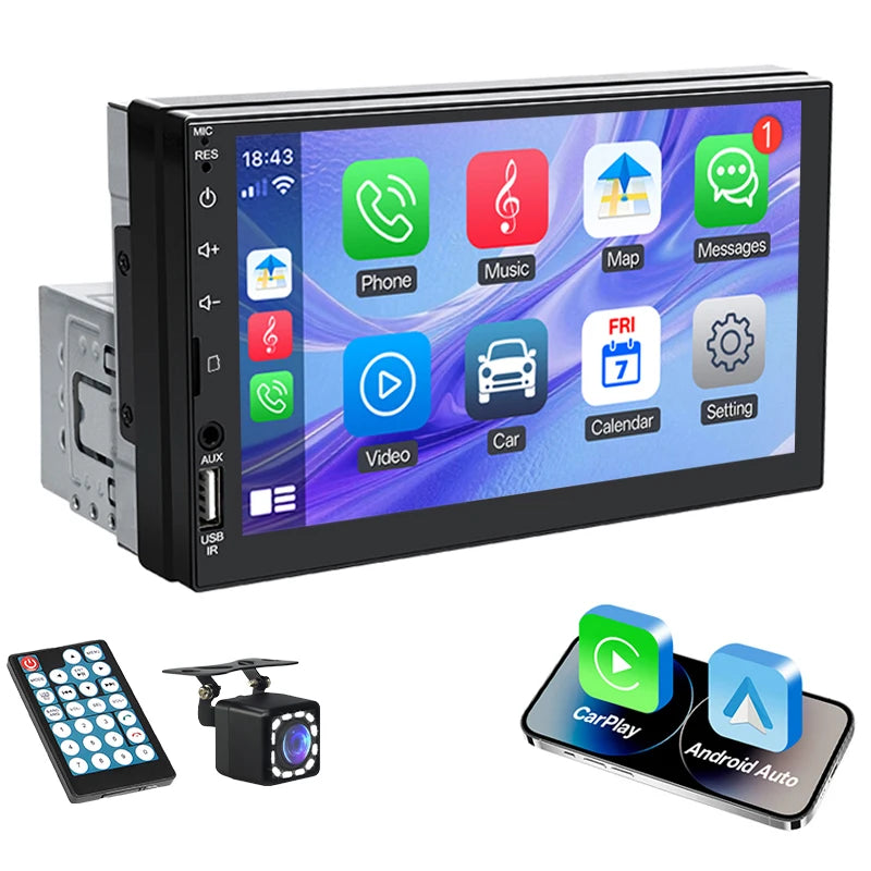 Hippcron 7" 1 Din Car Radio - CarPlay Android Auto Multimedia Player