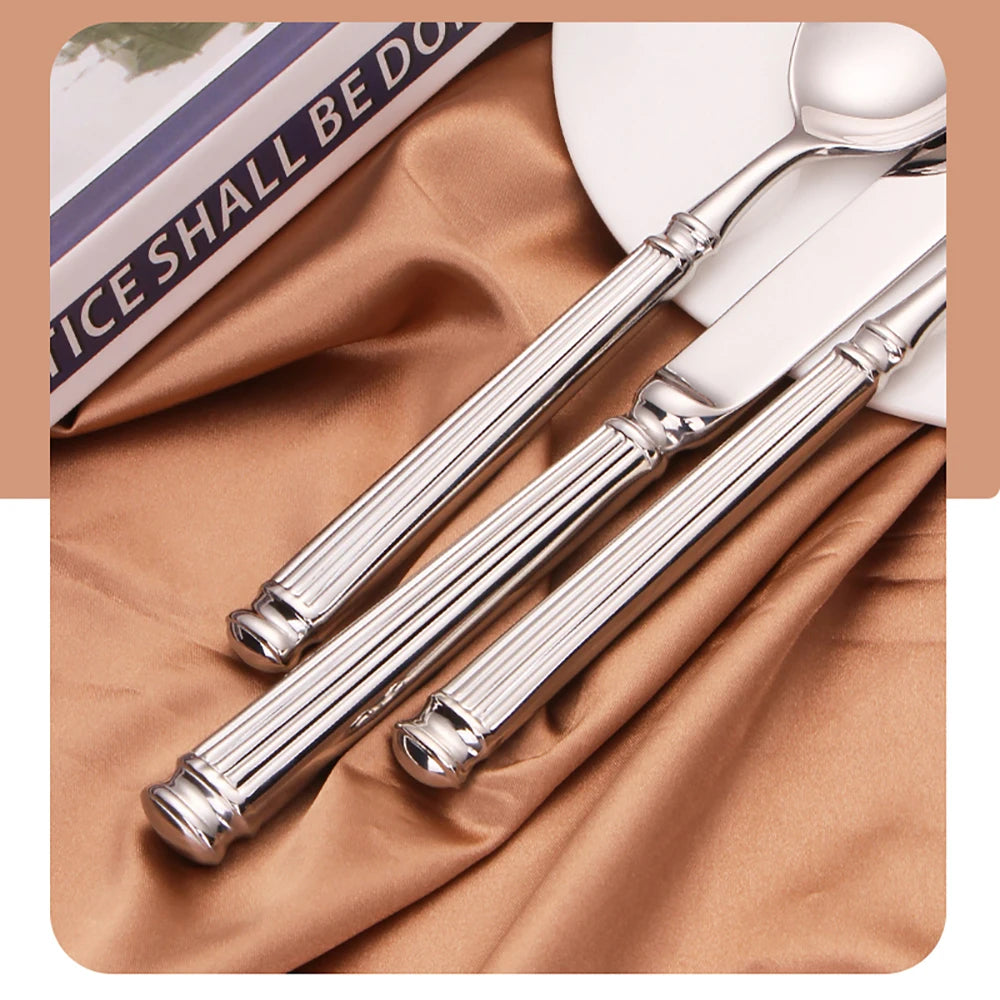 Elegant Striped Silver Cutlery Set - Premium Stainless Steel 304