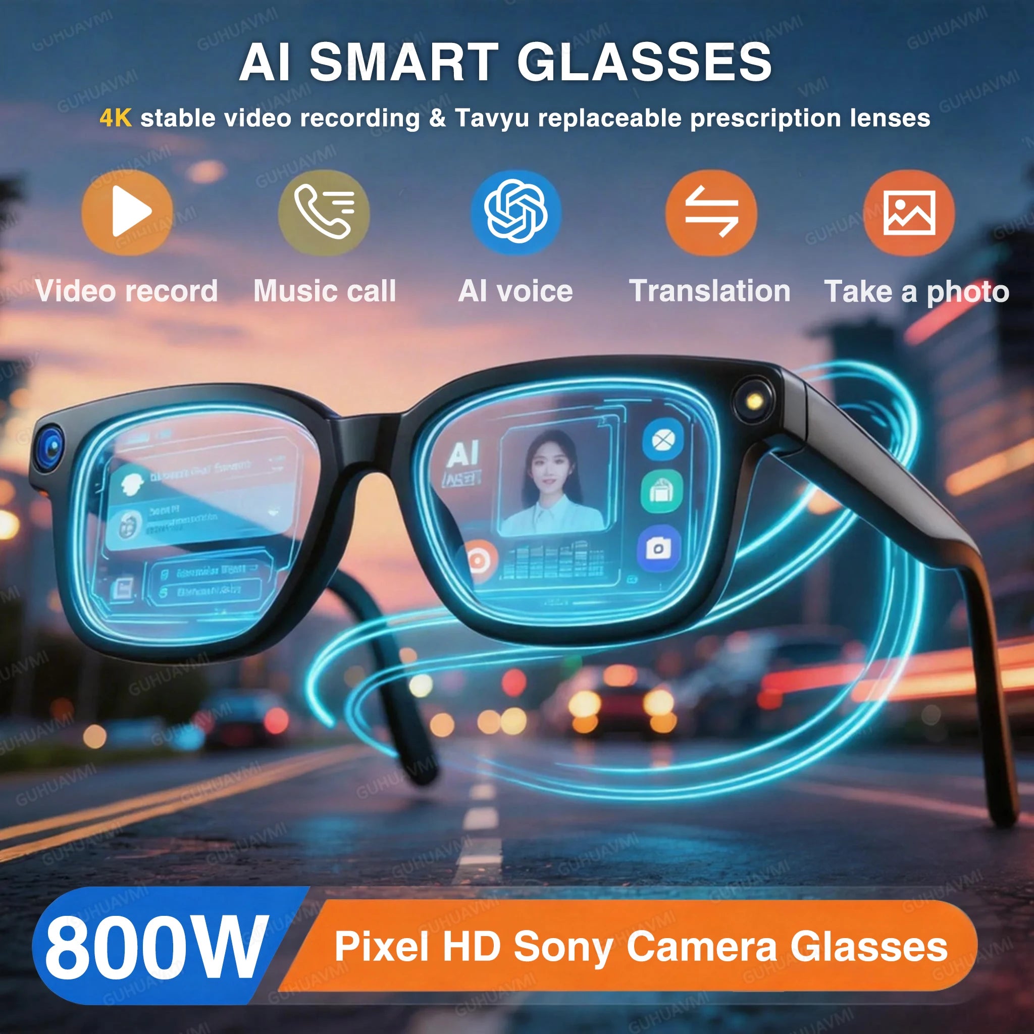 GUHUAVMI 800W HD Camera Glasses for Men - Hands-Free Translator & Video