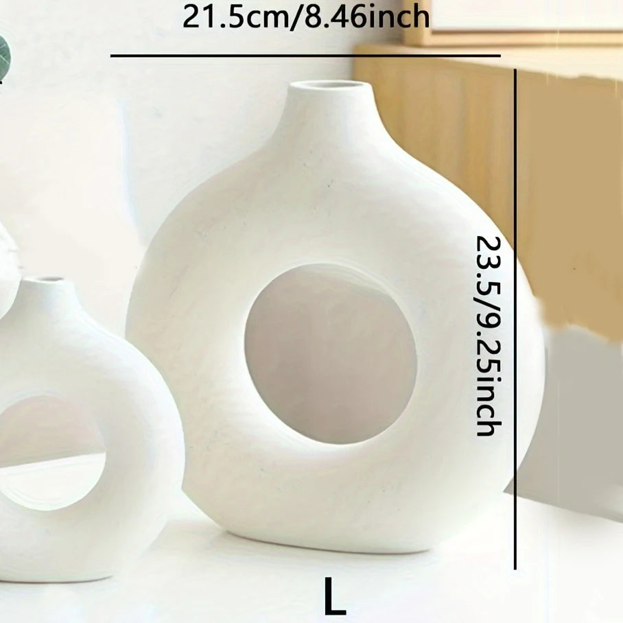 Elegant White/Beige Ceramic Donut Vase | Modern Home Decor