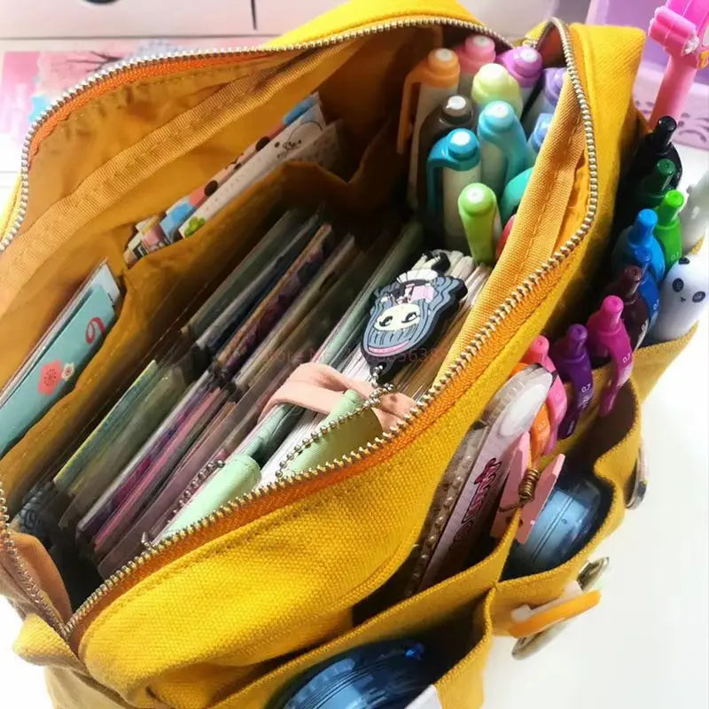 Large Capacity Canvas Pencil Case - Multi-Layer Storage for High School Students