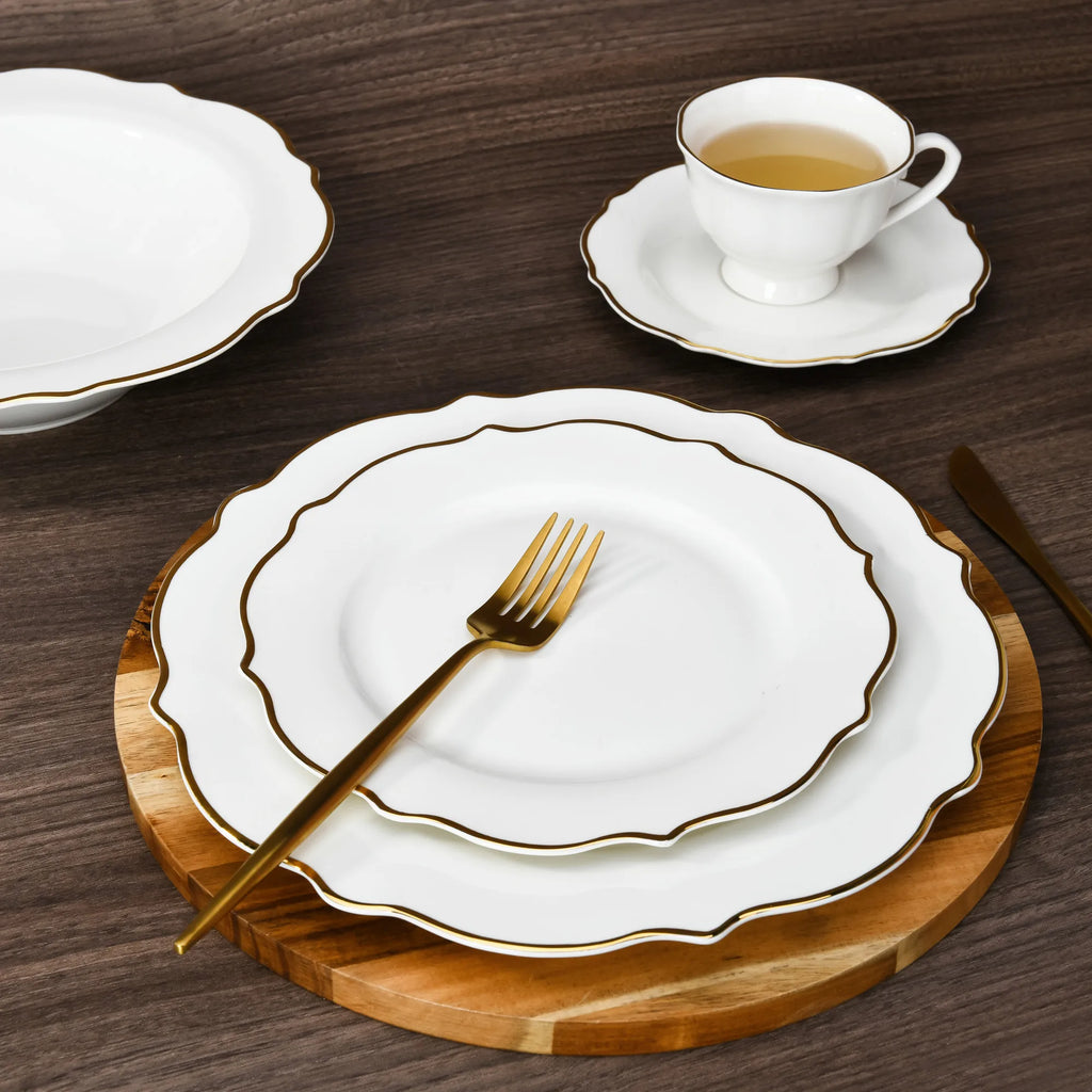 Vabena 62-Piece Bone China Luxury Dinnerware Set with Gold Rim - Elegant Dining