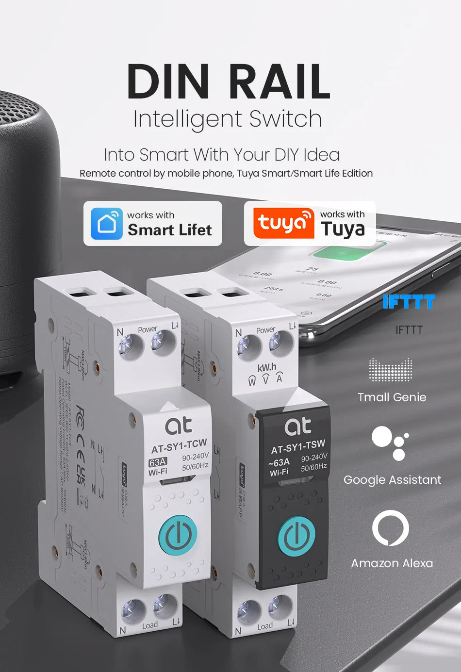 Tuya WiFi Smart Circuit Breaker 1P+N 63A - Remote Control, Energy Monitoring & Voice Assistant