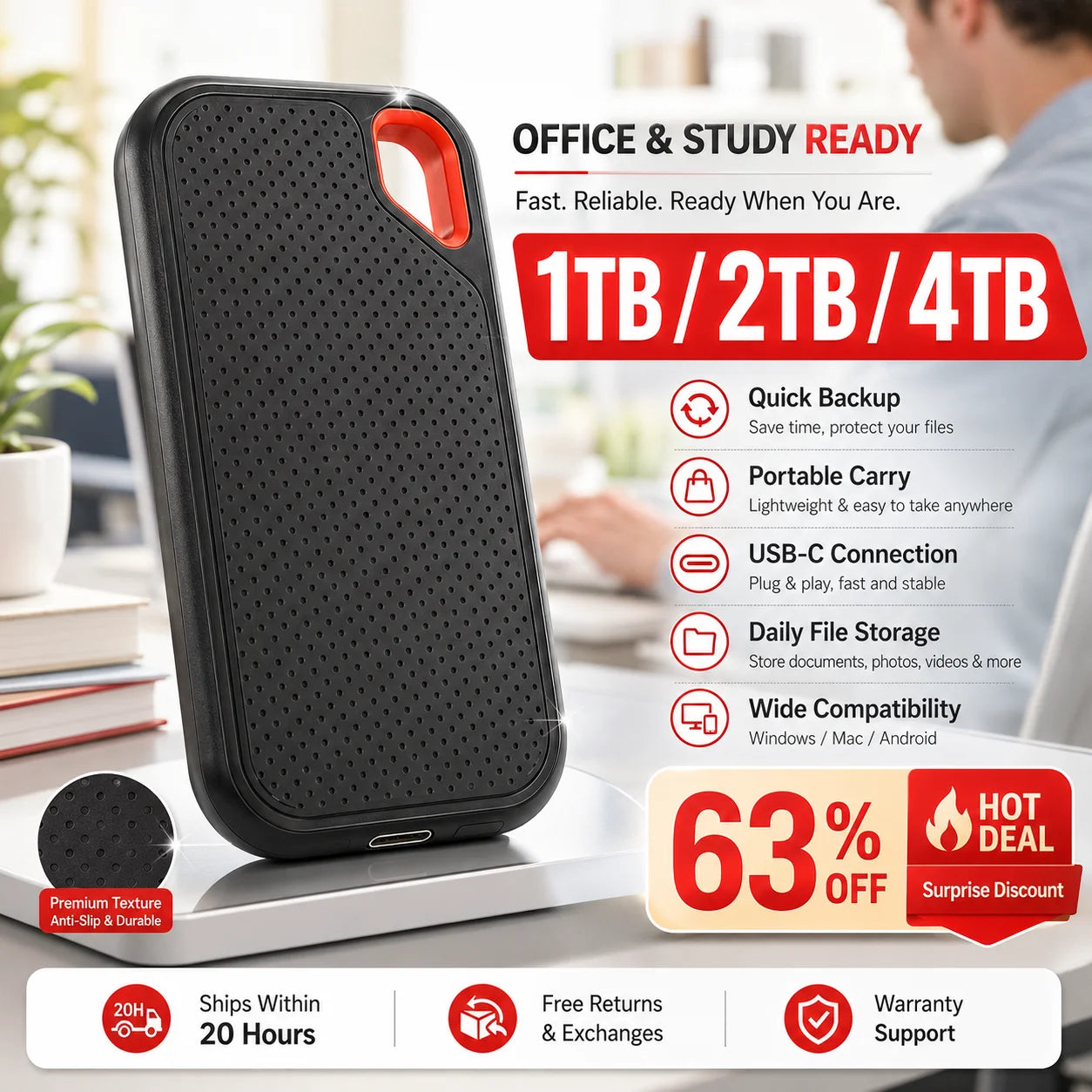 Vabena 1TB Portable SSD / 2TB External Hard Drive USB-C for Laptop/Mac