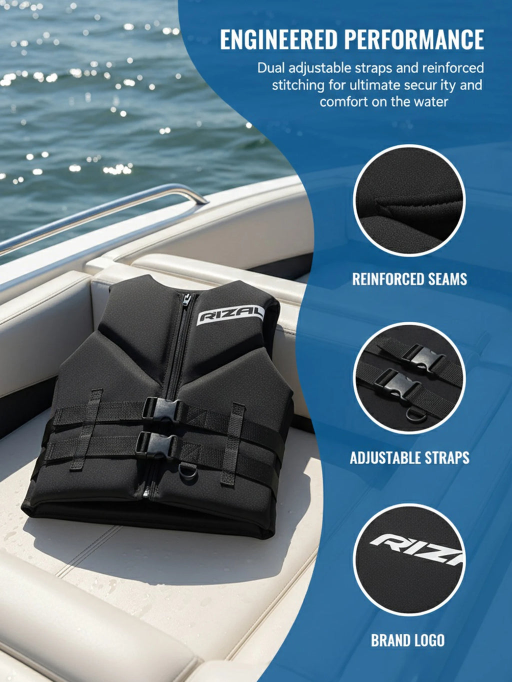 Adult Life Vest for Water Sports, Kayak, Wakeboard & Rescue - High Visibility Safety Jacket