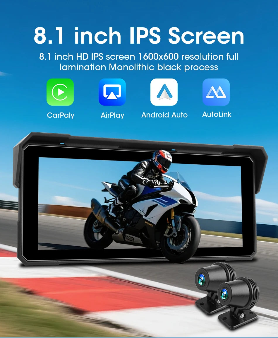 Jansite 8.1" 4K Motorcycle DVR Monitor with CarPlay & GPS