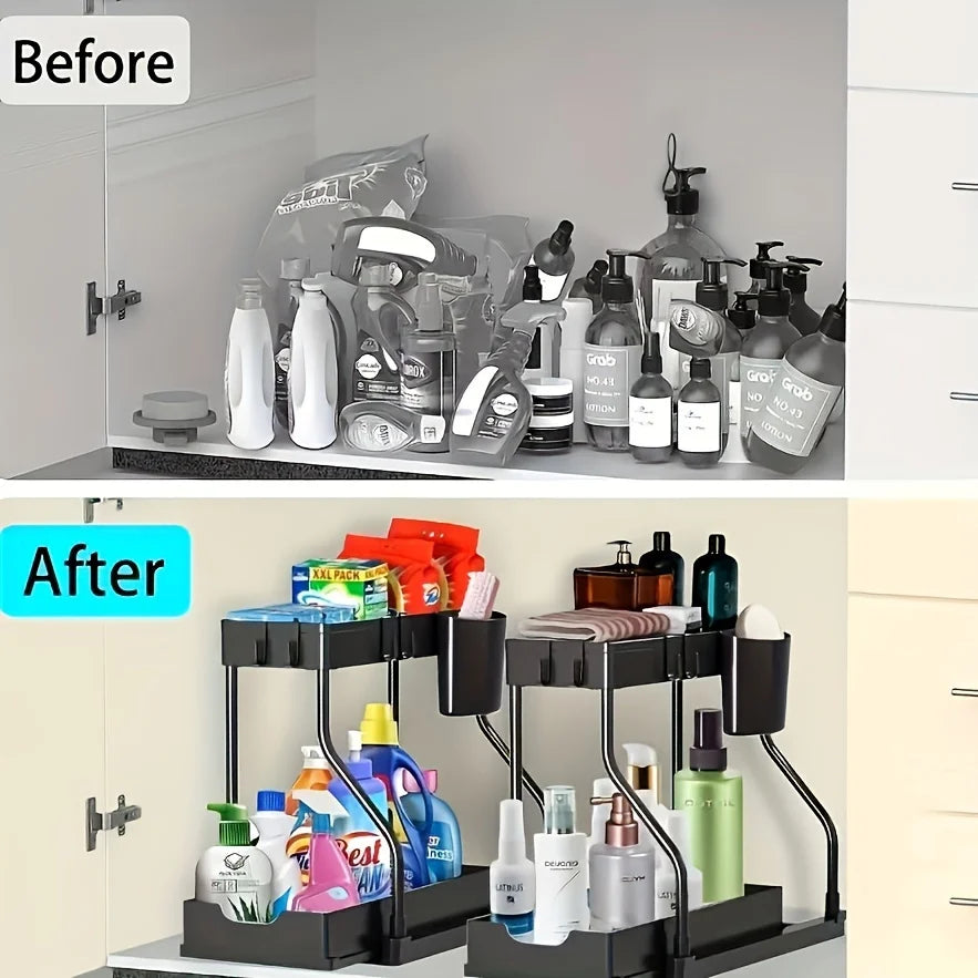 Vabena 2-Tier Under Sink Pull-Out Organizer - Space Saving Storage for Kitchen & Bath