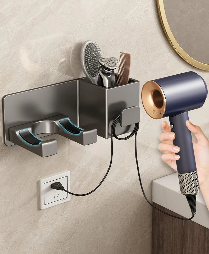 Wall Mounted Hair Dryer Holder with Storage - Bathroom Organizer Shelf
