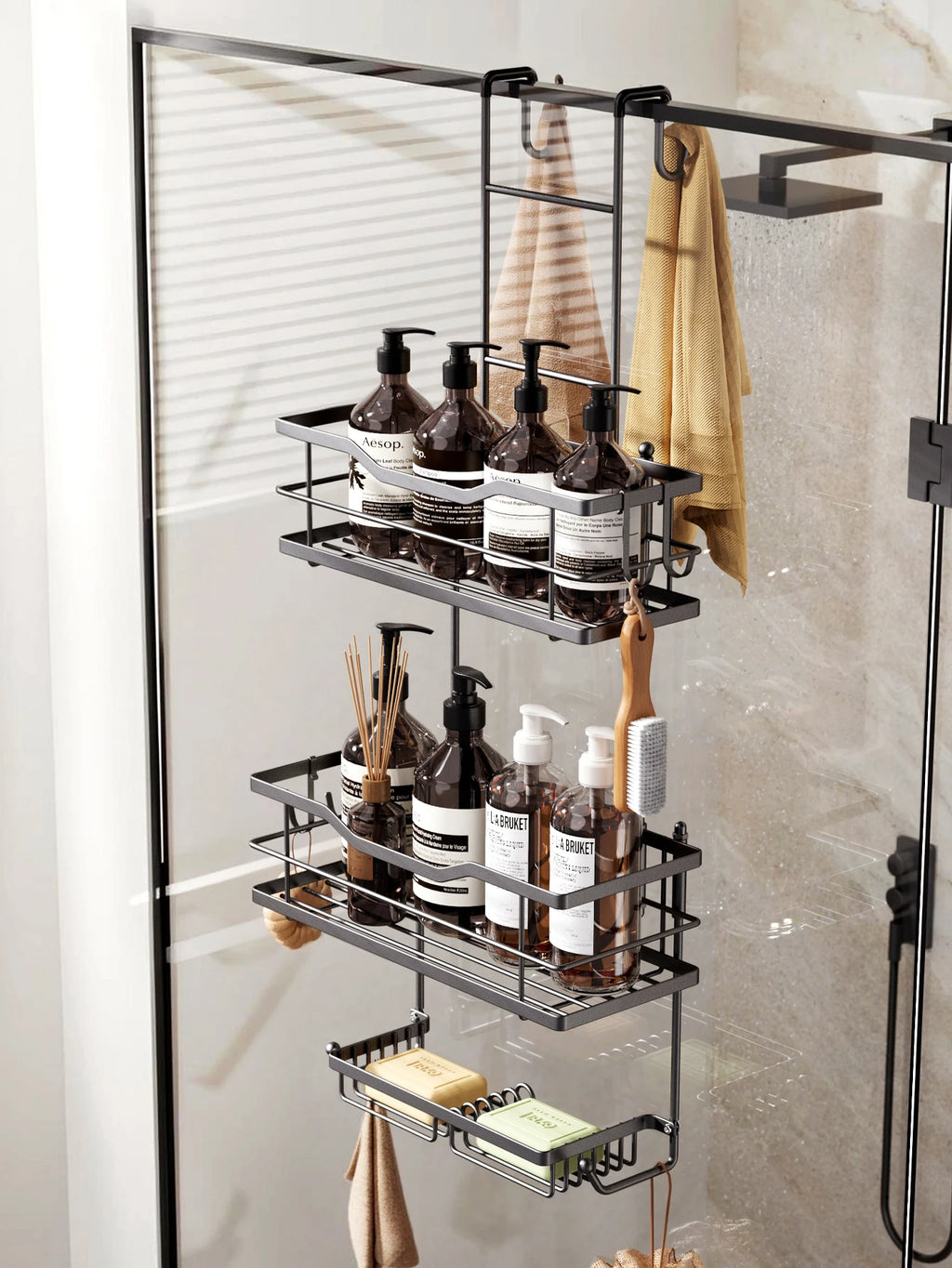 3-Tier Hanging Shower Caddy - Large Capacity Bathroom Organizer with 2 Soap Dishes
