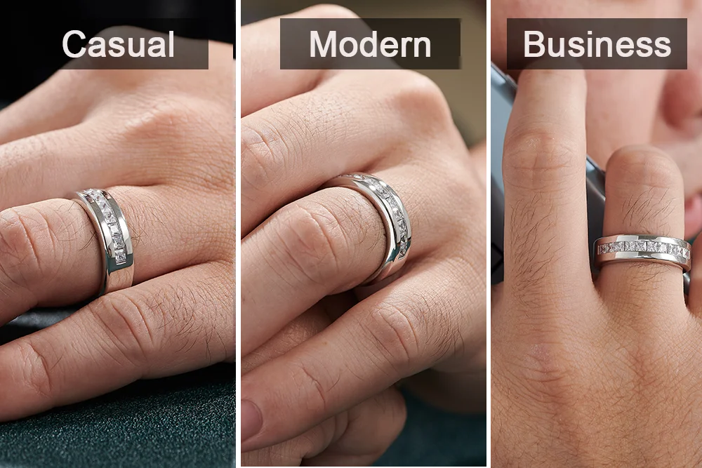 Newshe Men's Half Eternity Moissanite Wedding Band