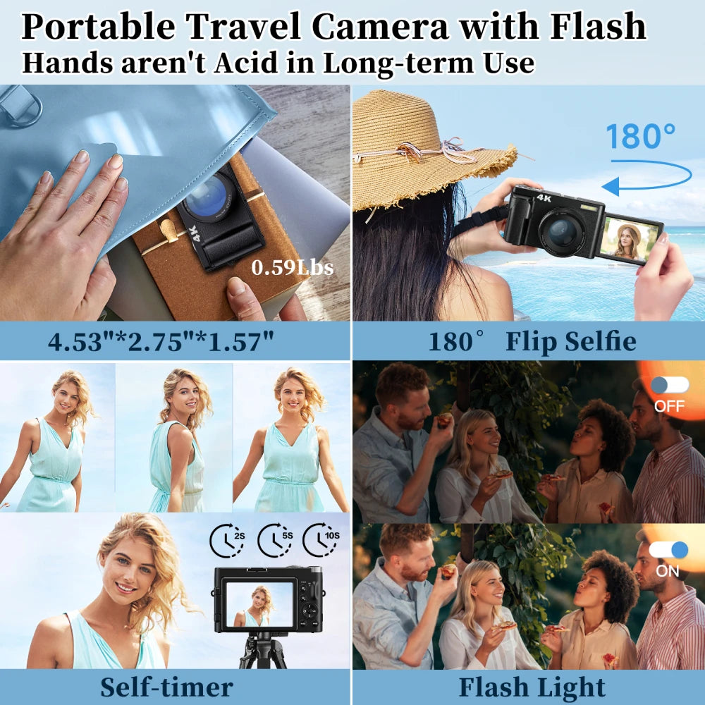Vabena 4K 48MP Vlogging Camera | Flip Screen & Flash for YouTube & TikTok