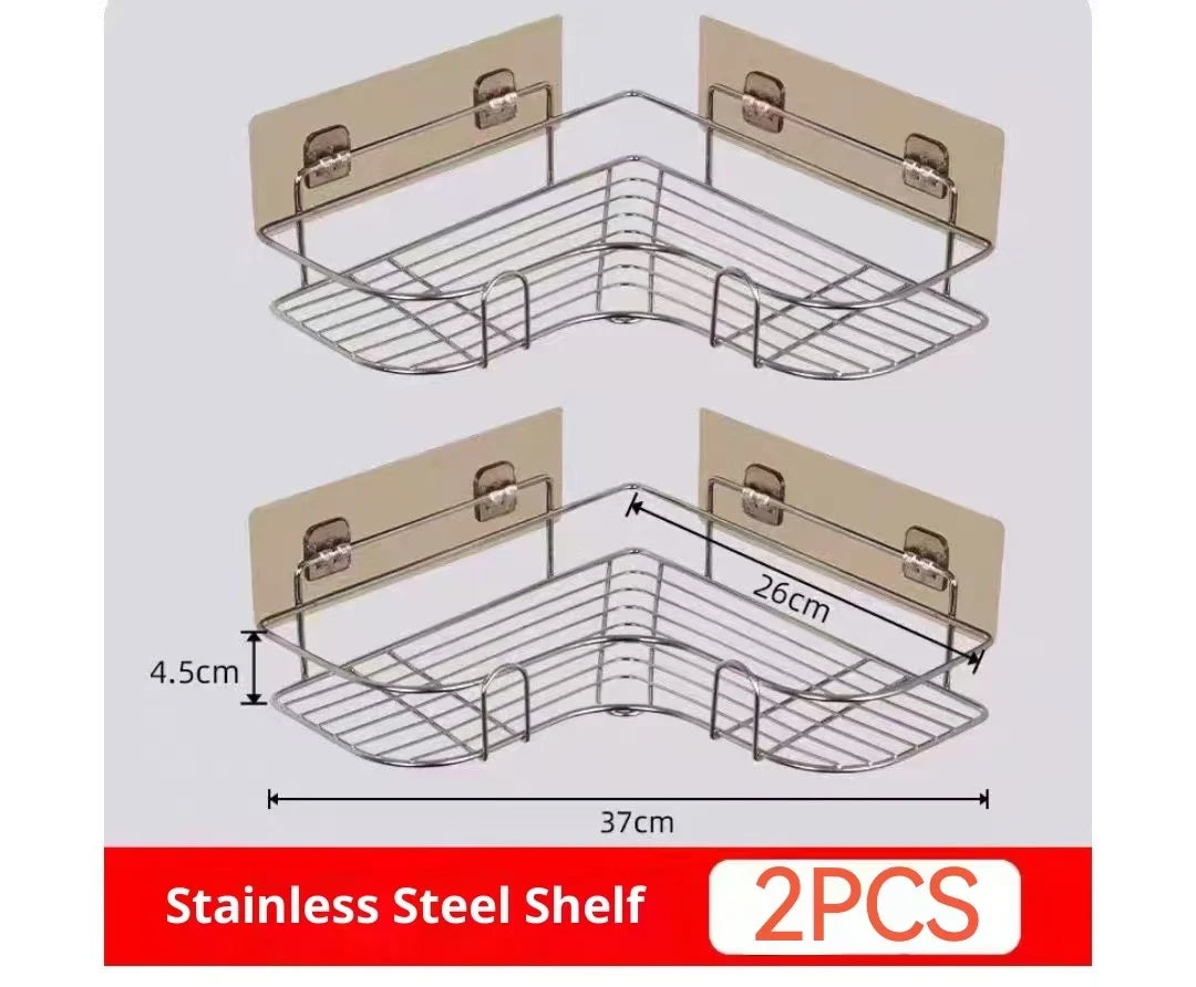 No Drilling Stainless Steel Corner Shelf - Double Layer Bathroom & Kitchen Storage