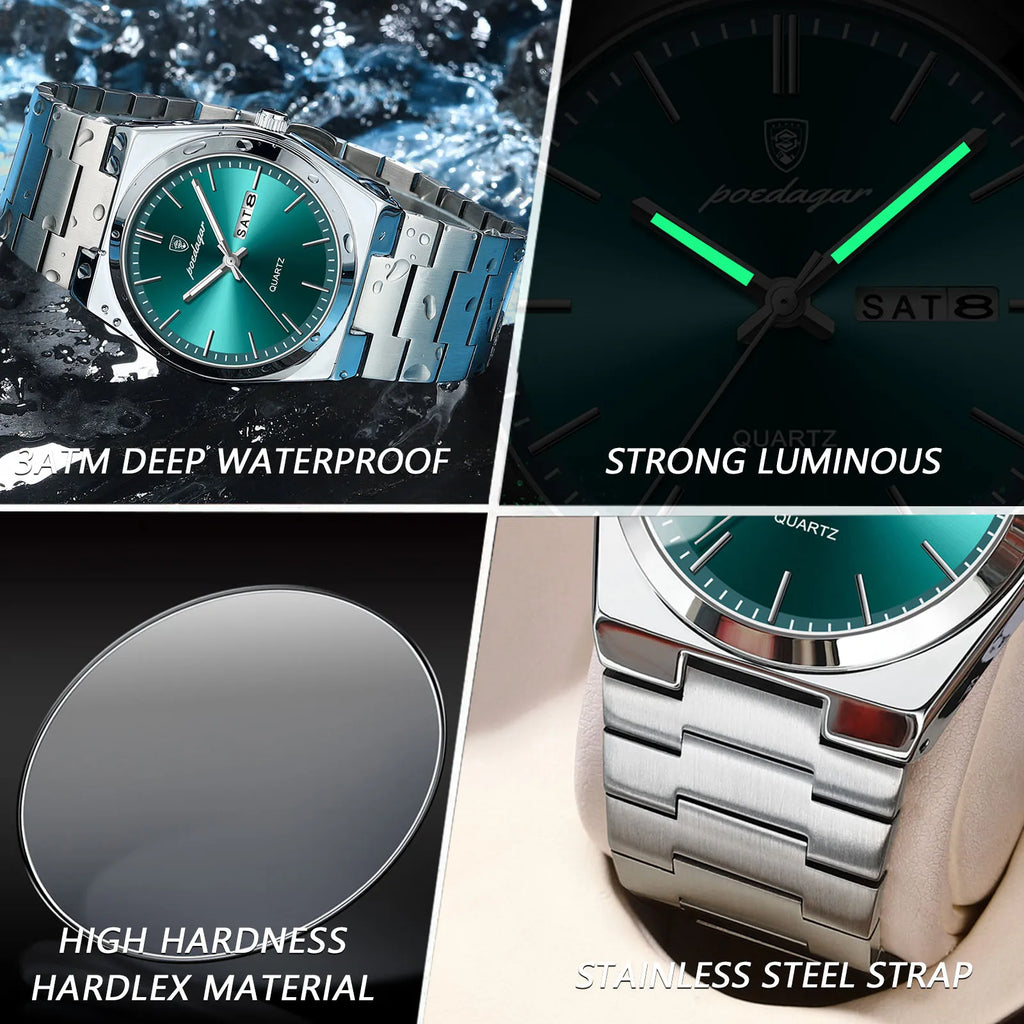 POEDAGAR Luxury Men's Quartz Watch - Waterproof, Luminous, Date & Week