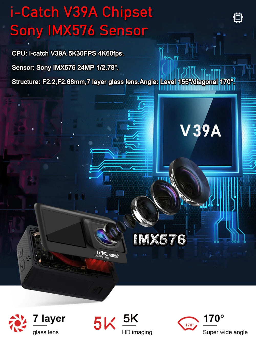 Sony IMX576 5K 4K 60FPS Waterproof 48MP Wi-Fi Action Camera for Adventure