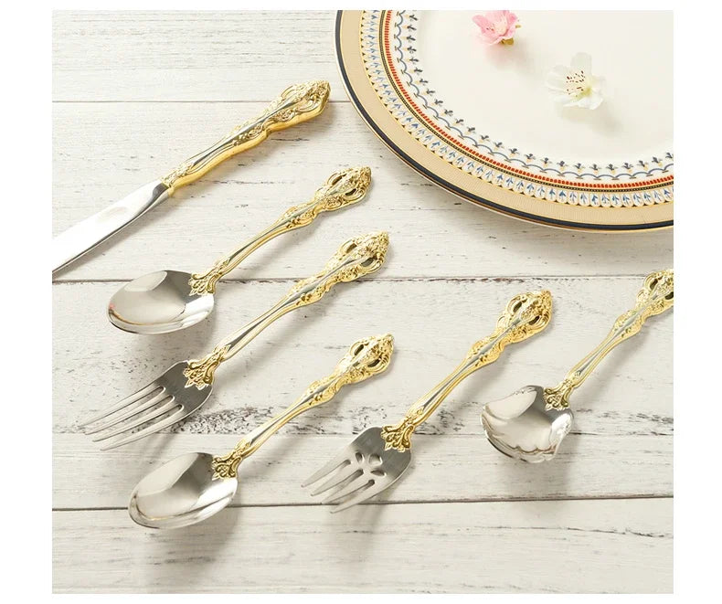 Luxury Retro Gold Silverware Set | 5-Piece 304 Stainless Steel Cutlery