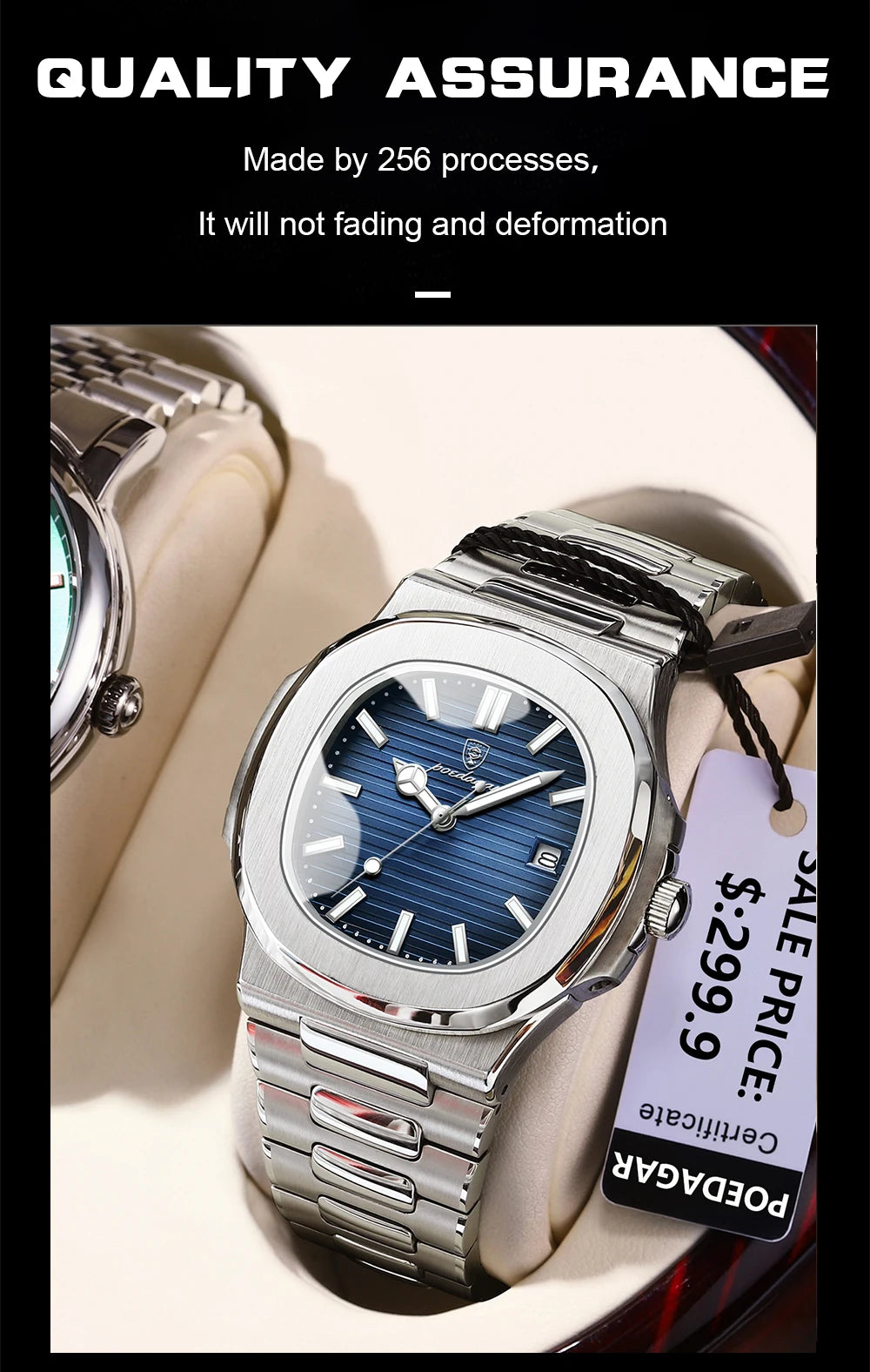 POEDAGAR Men's Square Luxury Quartz Watch - Waterproof, Luminous Date, Stainless Steel for Business & Sport