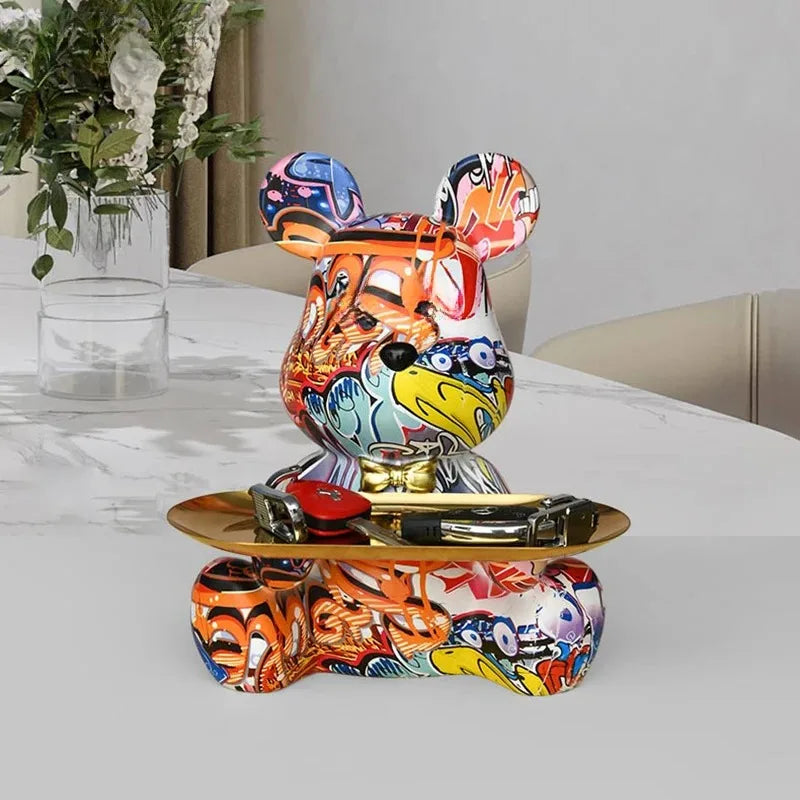 Trendy Graffiti Bear Storage Statue - Cute Desk Organizer for Home & Office