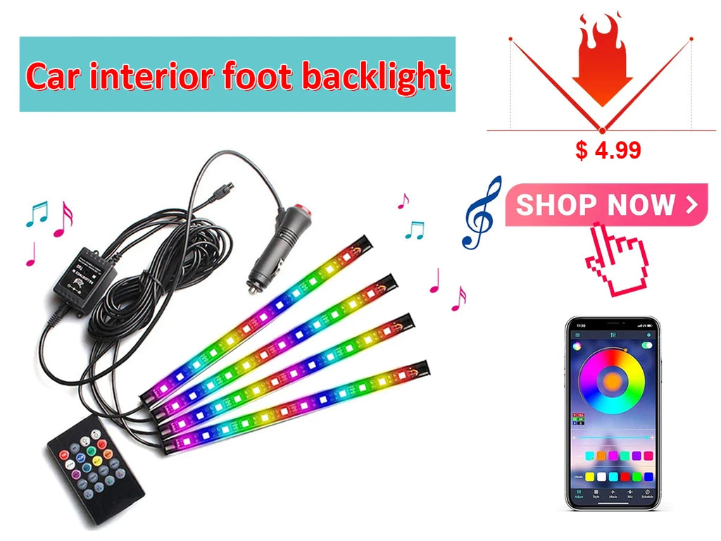 LED Car Interior Ambient Lighting Kit - RGB App Control Fiber Optic Strips