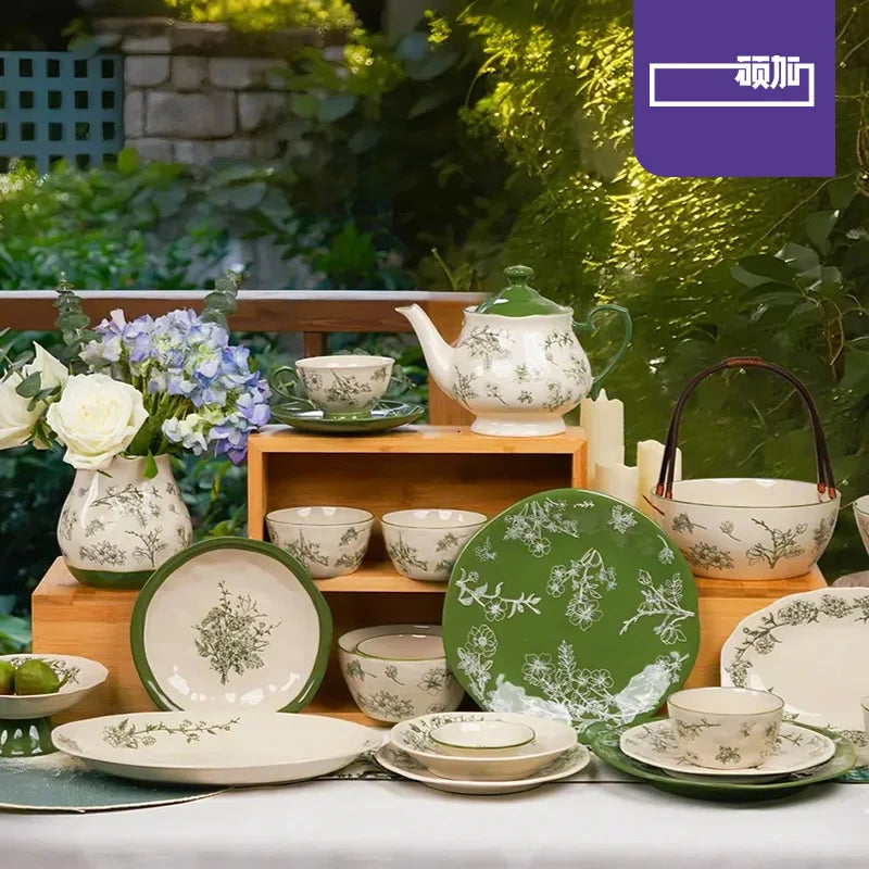 SOLECASA Floral Porcelain Dinnerware Set - Green Design