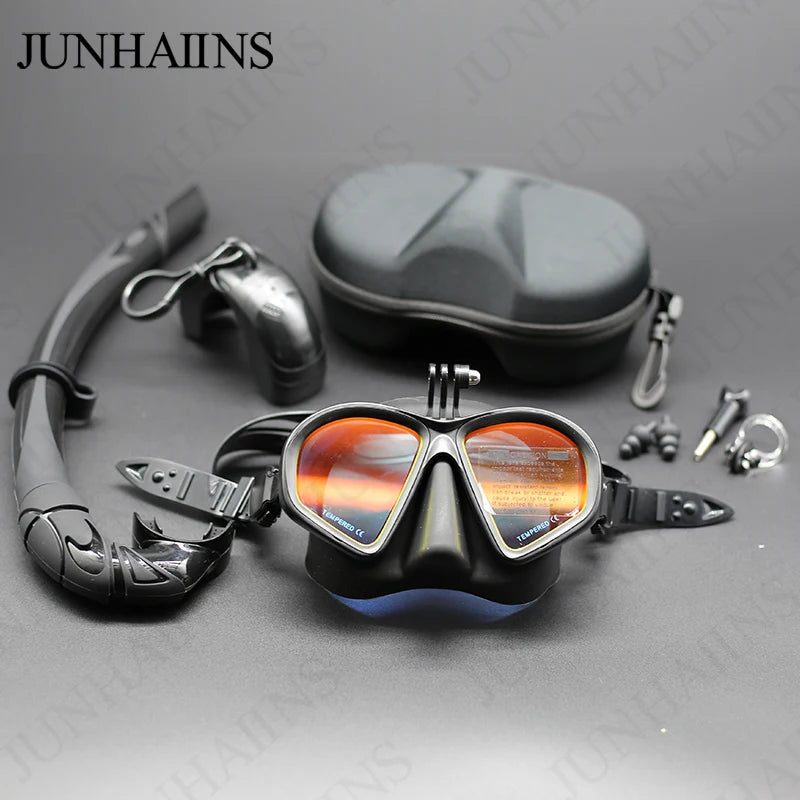 Low Volume Freedive Mask & Snorkel Set with Camera Mount - Tempered Glass Black