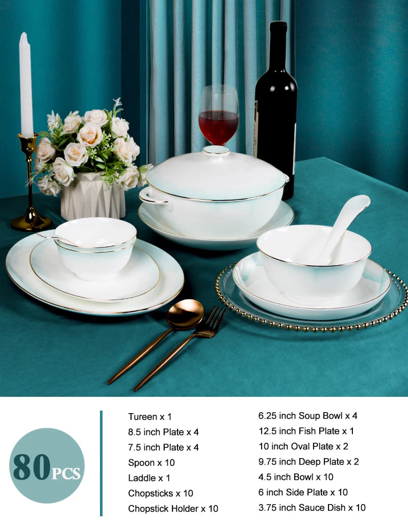 Vabena 80pcs Nordic Gold Rim Luxury Bone China Dinnerware Set
